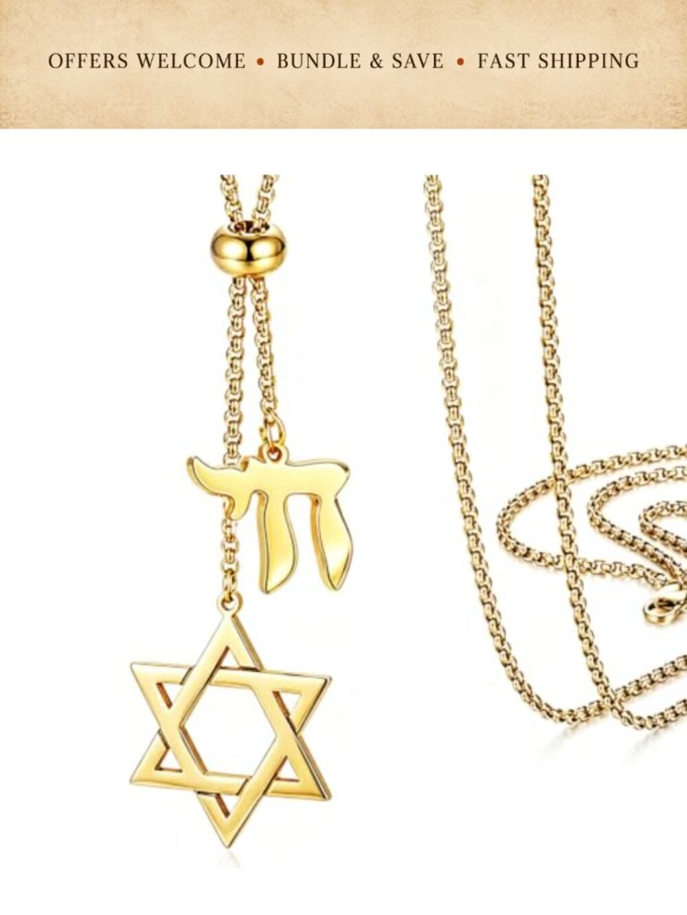 Star of David Chai Pendant Necklace 30 Inch Stainless Steel Sweater Chain